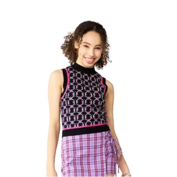 SO Retro Sweater Vest Preppy Black Fuchsia Crop High Neck Vest Junior Medium NEW - Picture 1 of 13